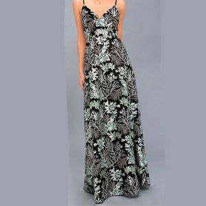 Lulu's Night Blooms Black Embroidered Lace Maxi Dress Sz XS
